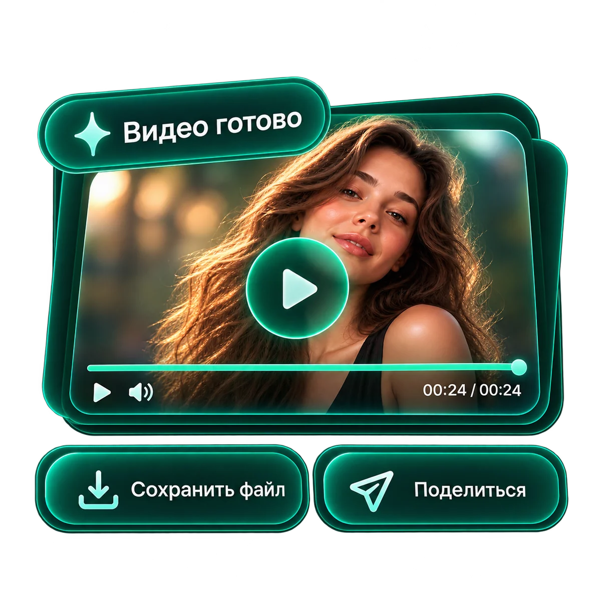 Готовое видео с кнопками сохранить и поделиться